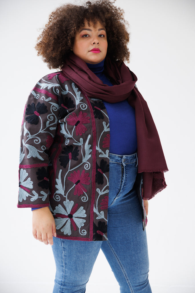 Blue and Purple wool embroidered cotton jacket with belt | JULAHAS  Suzani 