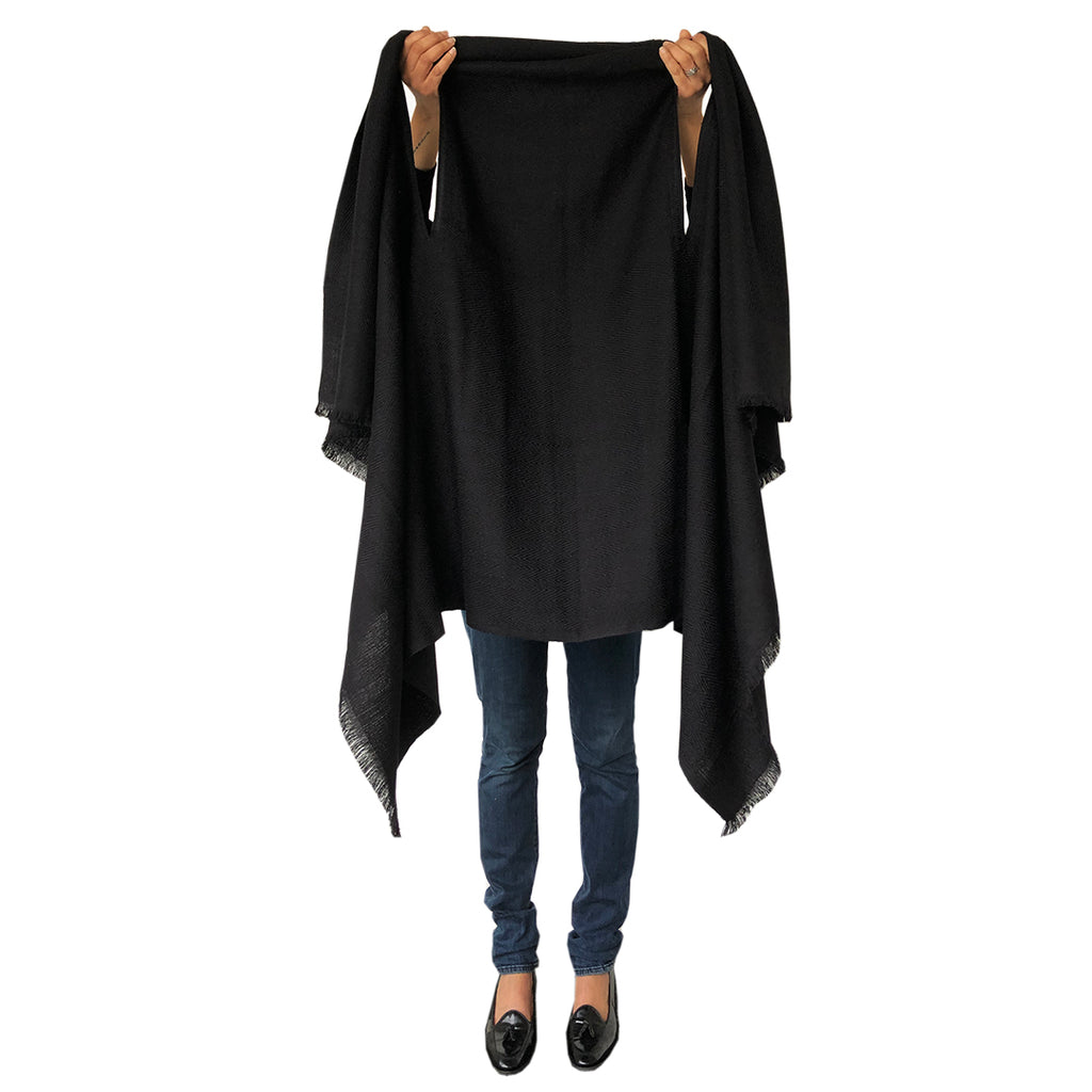 All black sustainable wool cape by julahas. Plus size poncho for women