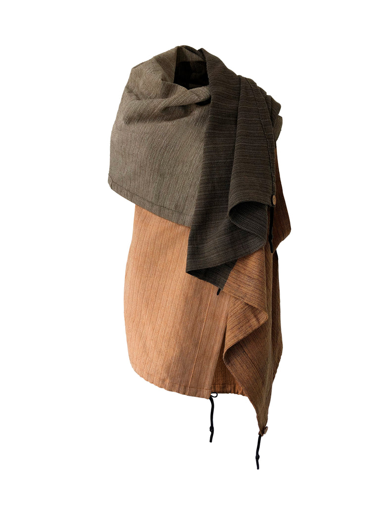 Sand and olive coloured vegan sustainable poncho cotton cape for all genders