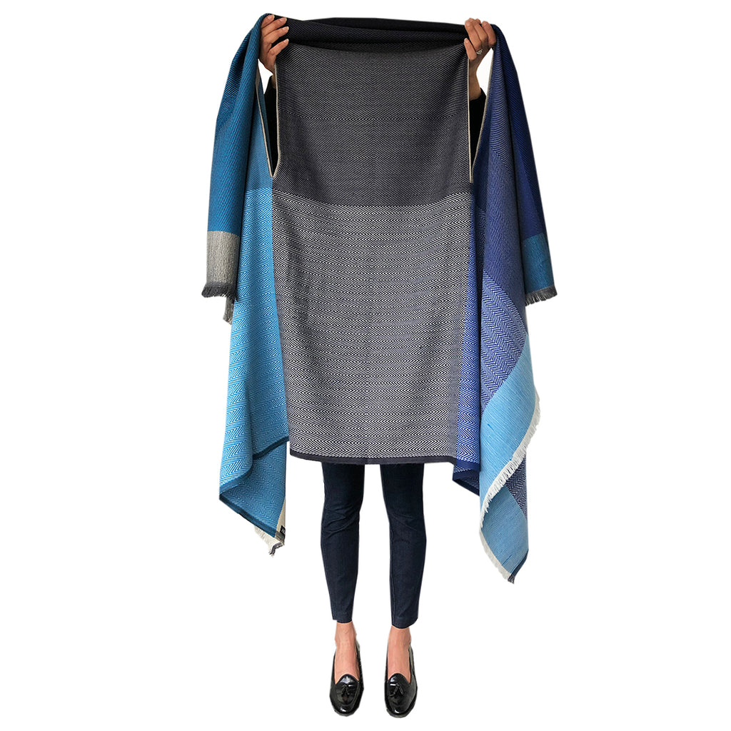 Sustainable wool capes by JULAHAS in cool blues - wear it long