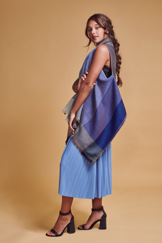 Model in classic blue stylish wool cape for women DARIA Cape Danube - JULAHAS