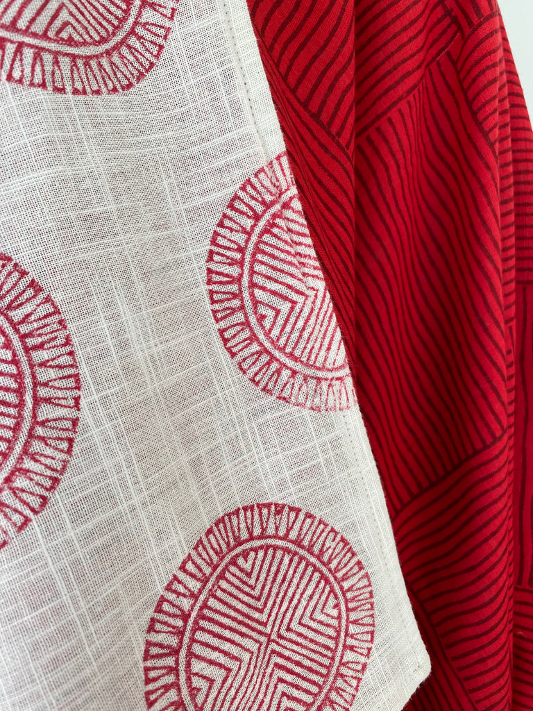 Close up detail of the blockprinted red and white cotton Kimono by JULAHAS