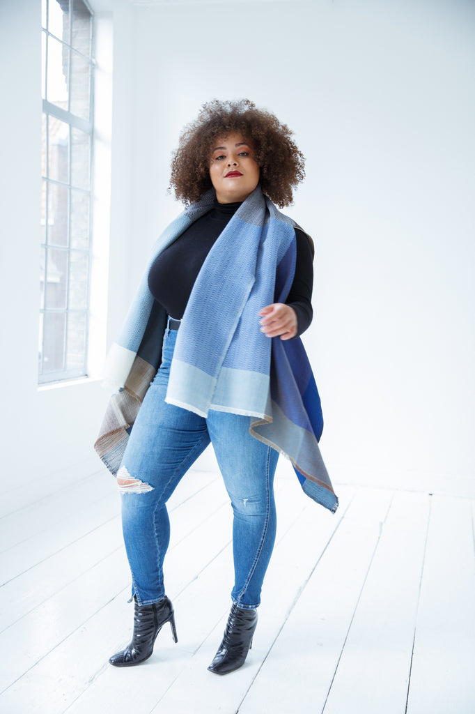 Blue wool poncho Cape for ladies in classic blue with colourblocks JULAHAS+ Plus Size Daria Danube