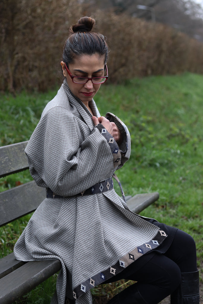 Grey houndstooth Cape Coat Cocoon with Belt | JULAHAS
