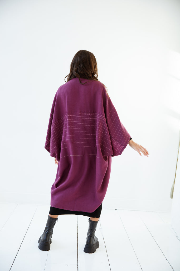 Plum coloured oversized kimono in wool
