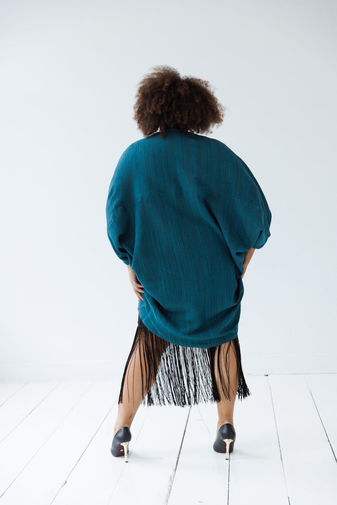 oversized Wool silk kimono in teal green with pockets