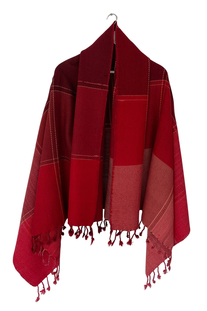 Red wool tassled plaid cape with armholes
