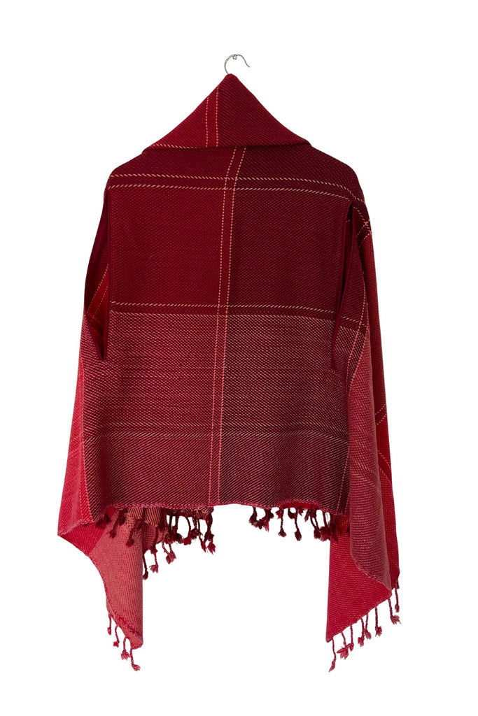 Red wool tassled plaid cape with armholes
