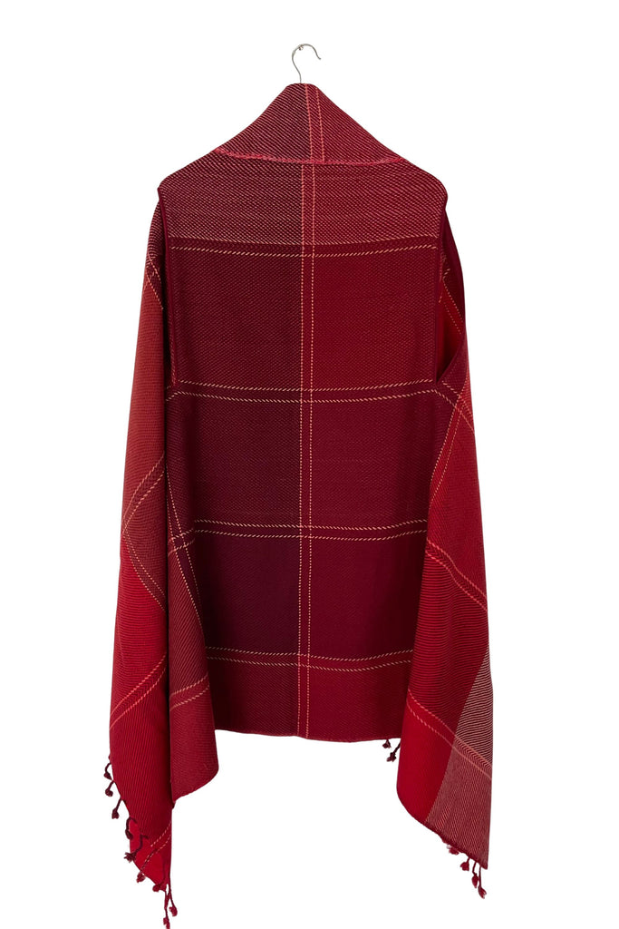Red wool tassled plaid cape with armholes