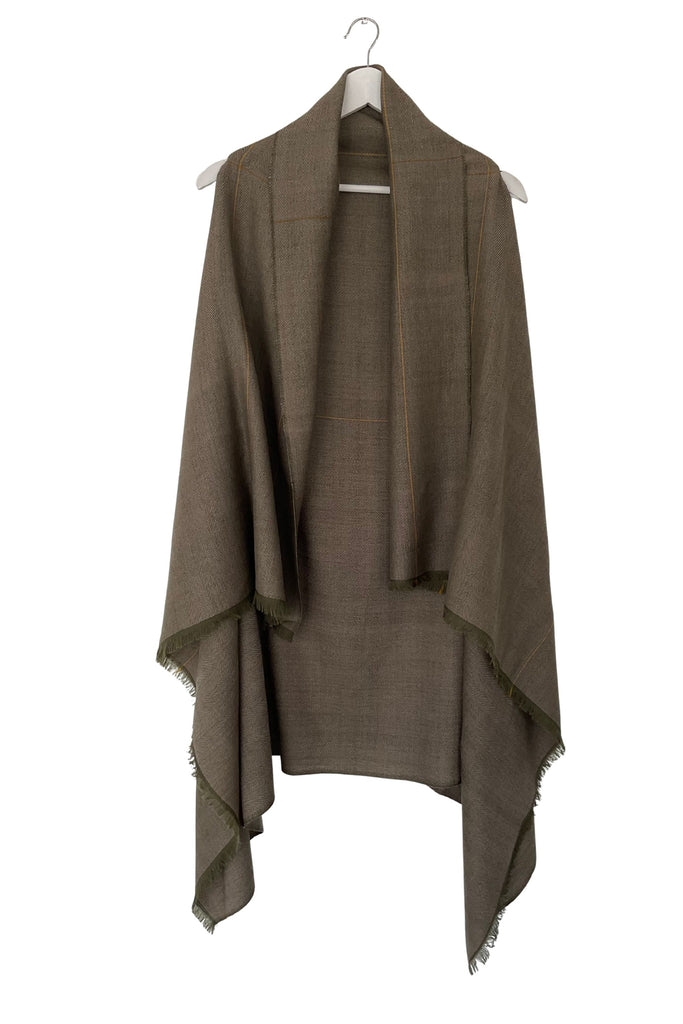 Earthy Green wool cape worn the long way