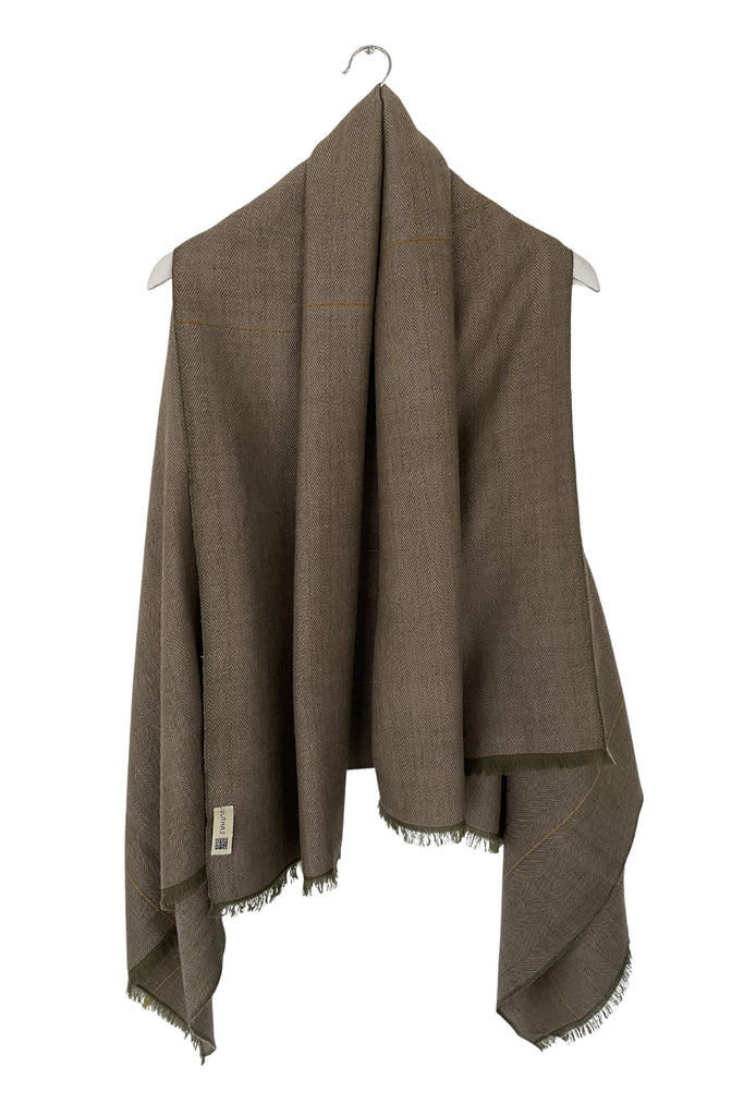 Earthy Green wool cape worn the short way
