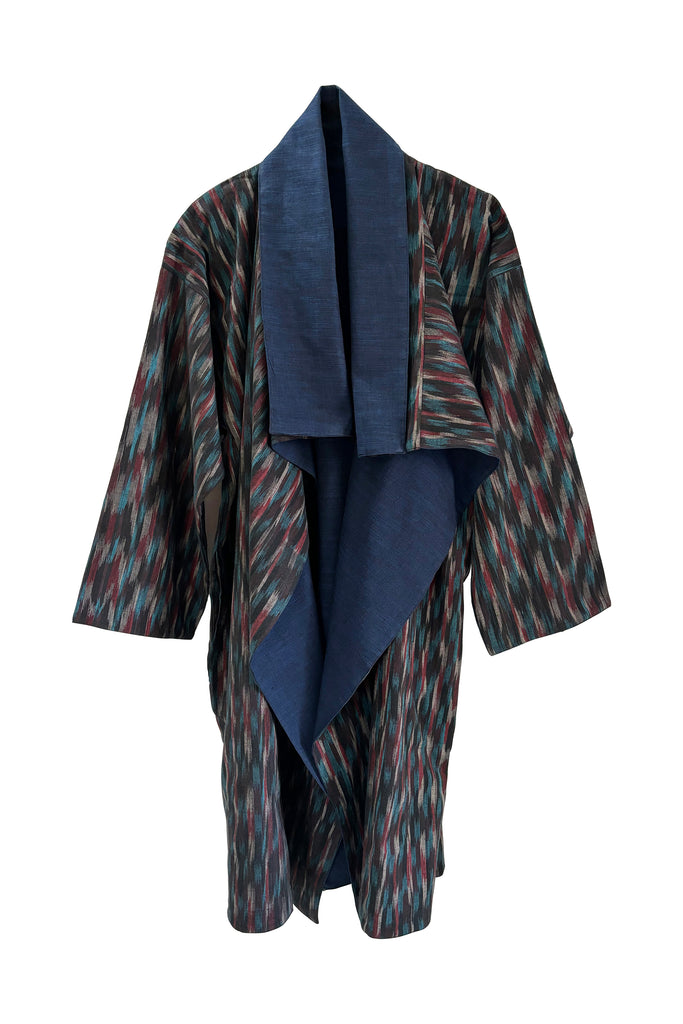 Long reversible cotton Ikat coat with belt | JULAHAS