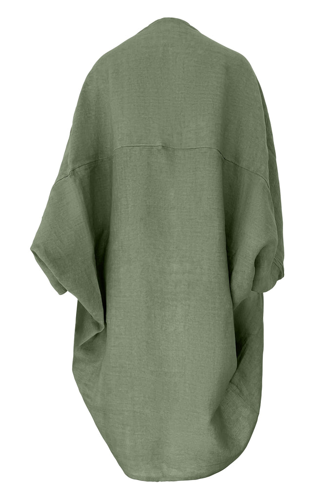Olive coloured lightweight linen kimono with pockets | JULAHAS
