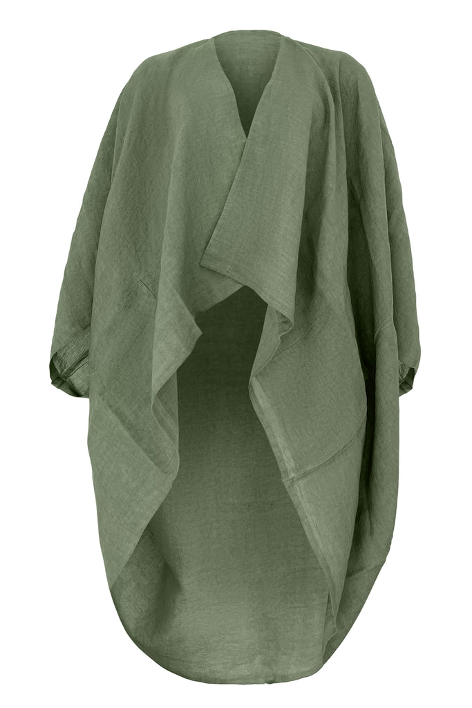 Olive coloured lightweight linen kimono with pockets | JULAHAS