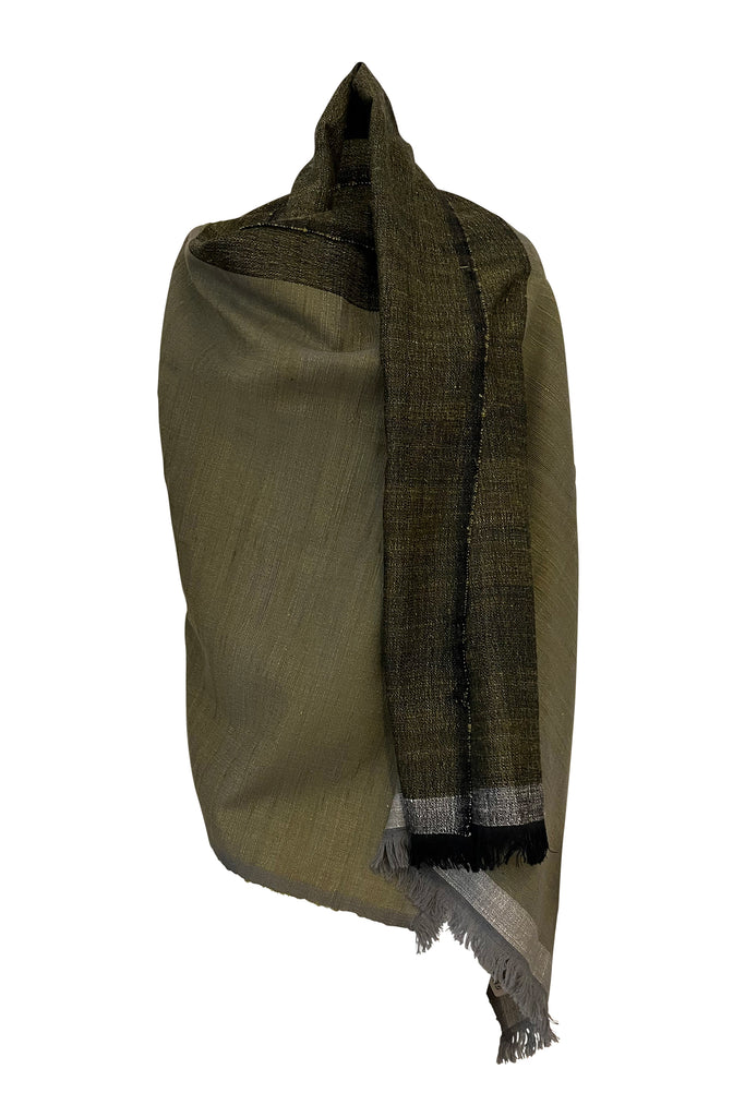 Olive green and grey wool silk Ahimsa Silk short cape | JULAHAS