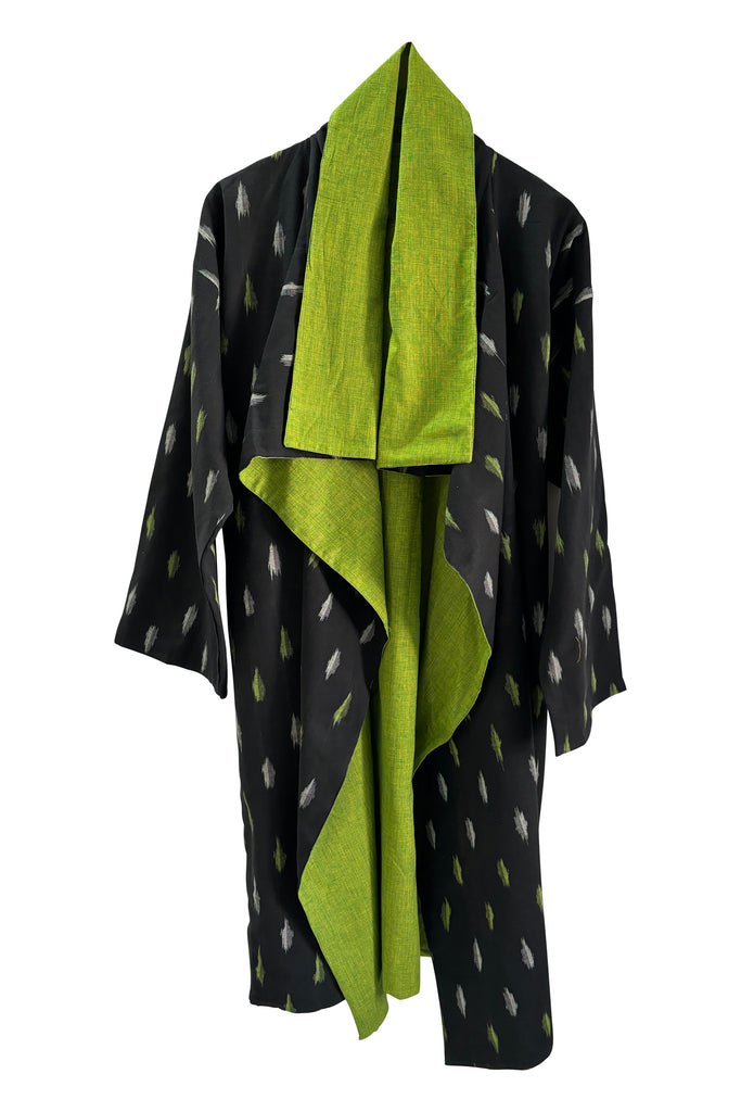  Black and Green Reversible Cotton Ikat Coat with Belt | JULAHAS
