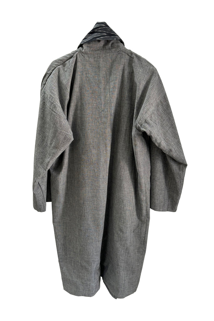  Black and Grey Reversible Cotton Ikat Coat with Belt | JULAHAS