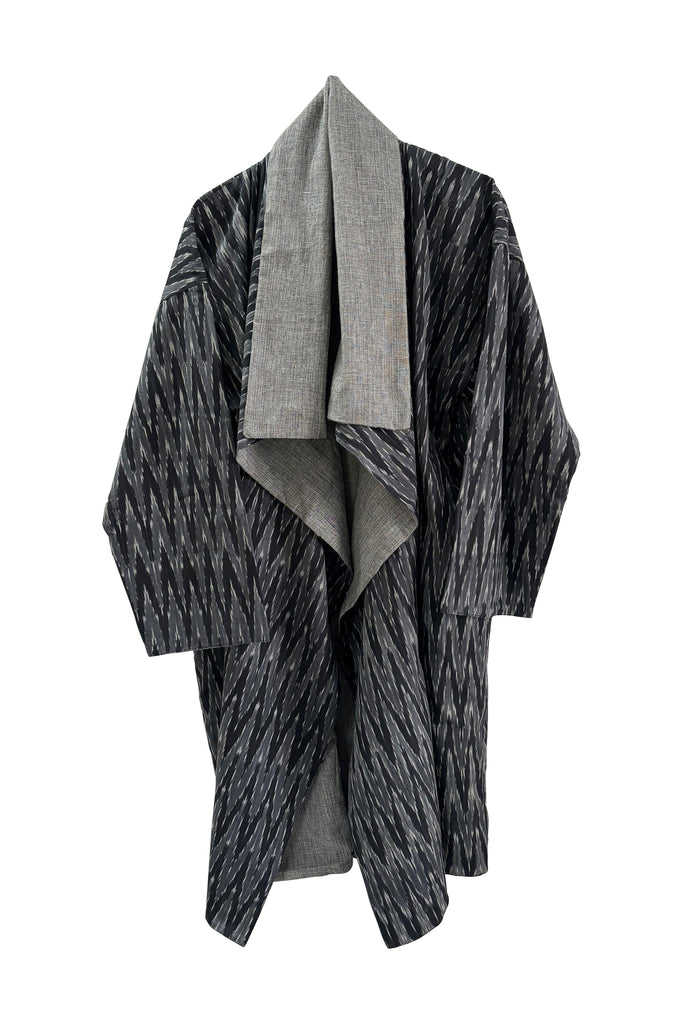  Black and Grey Reversible Cotton Ikat Coat with Belt | JULAHAS