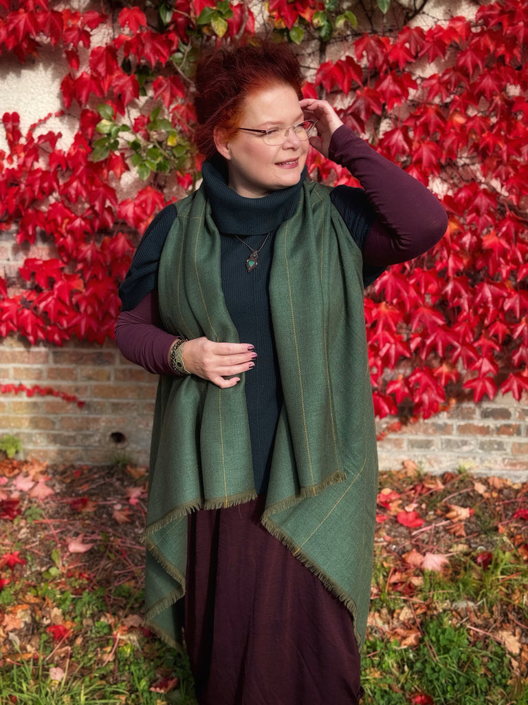 Juniper green free size wool cape worn long