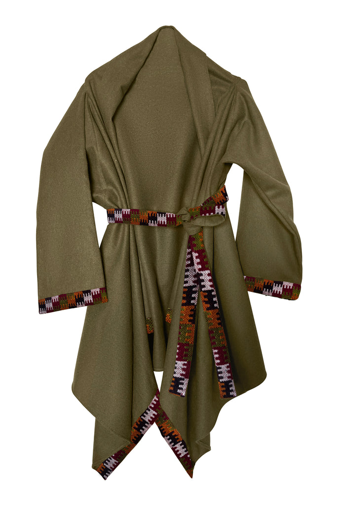 Khaki Felted Heavy Wool Cape Coat with belt | JULAHAS