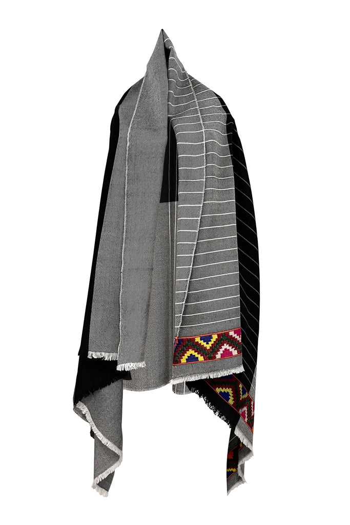 Soft Wool neutral Imperfect Cape with multicolour border | JULAHAS Fusion Patti