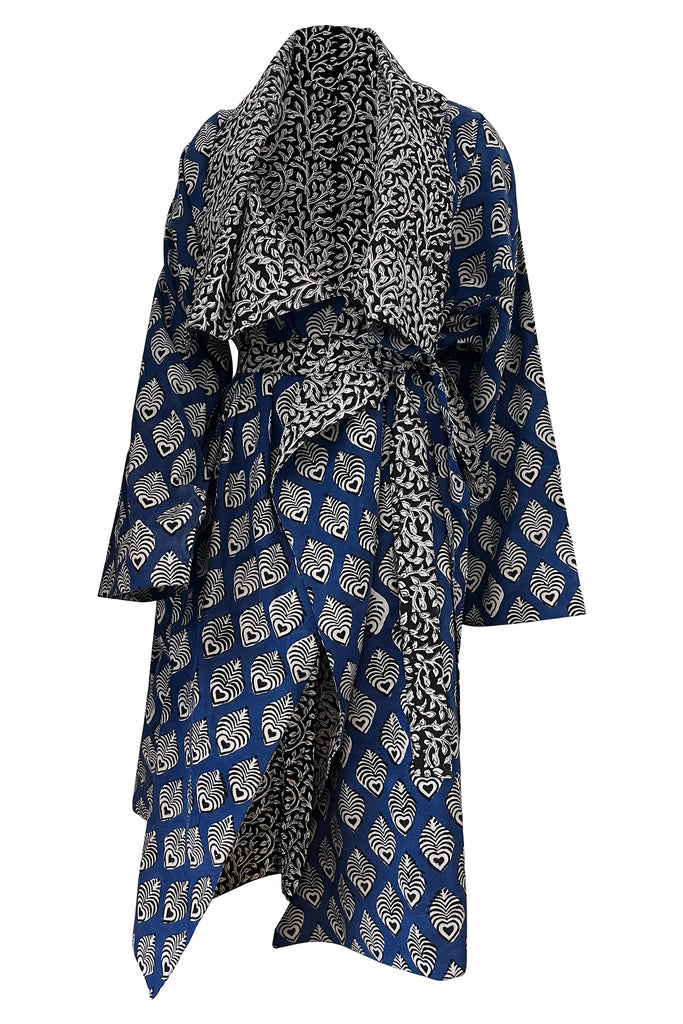 Indigo blockprinted oversized belted coat | JULAHAS