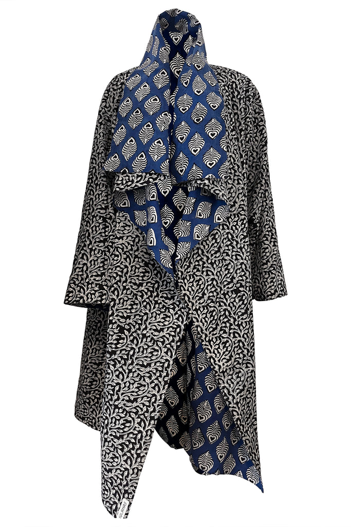 Indigo blockprinted oversized belted coat | JULAHAS