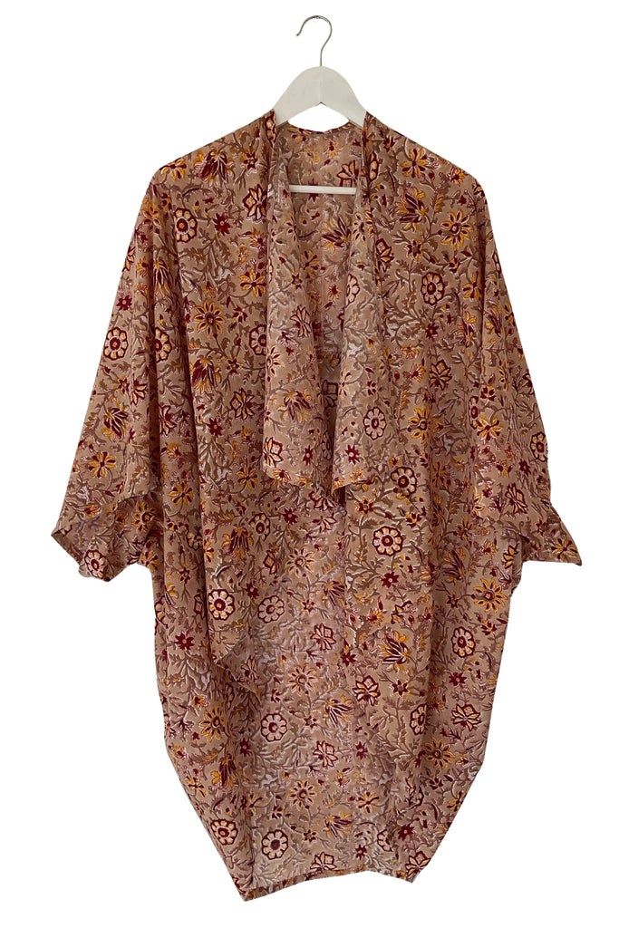 Block print floral cotton kimono taupe