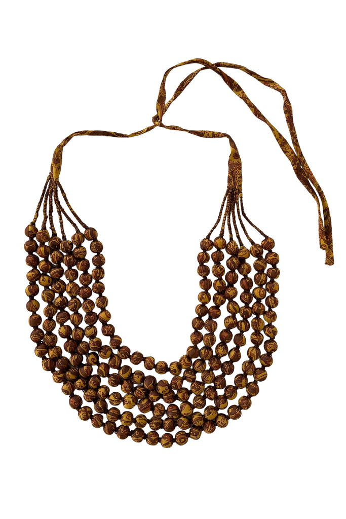 Wooden layered bead necklace covered with silk saris 