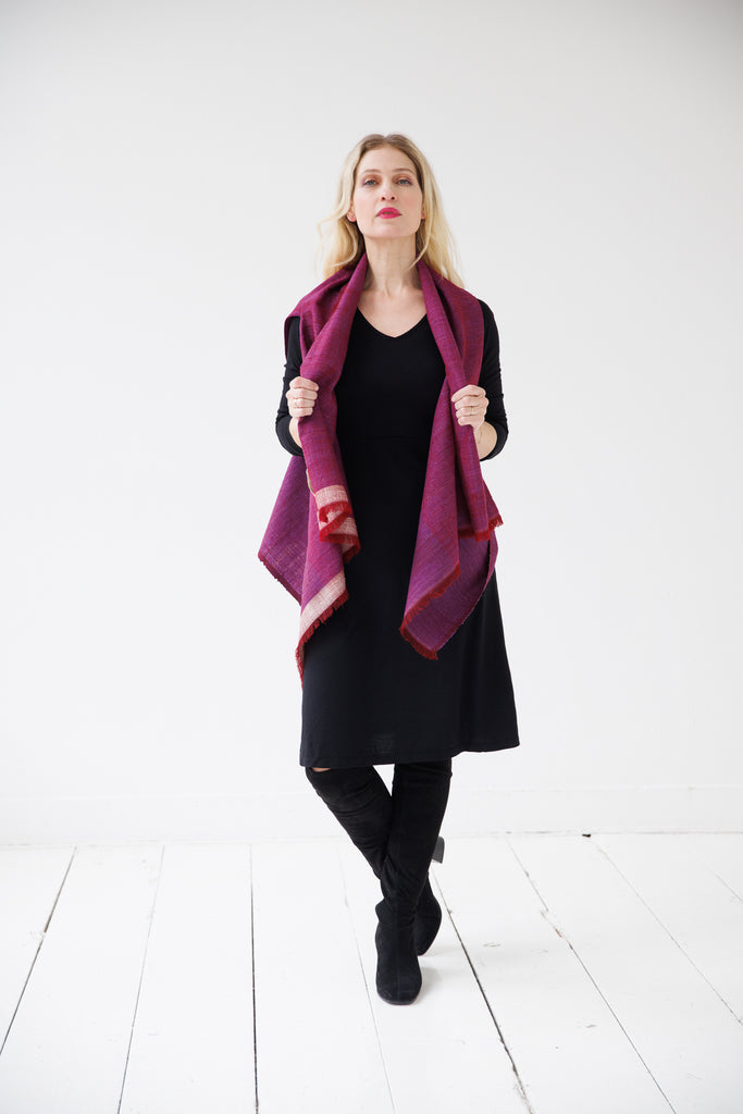 Maroon and Fuchsia Pink Short Wool Silk Cape Forest | JULAHAS