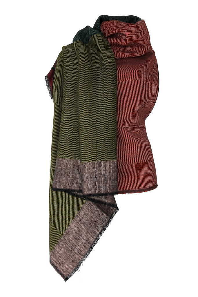 Petite wool cape in olive green and deep salmon
