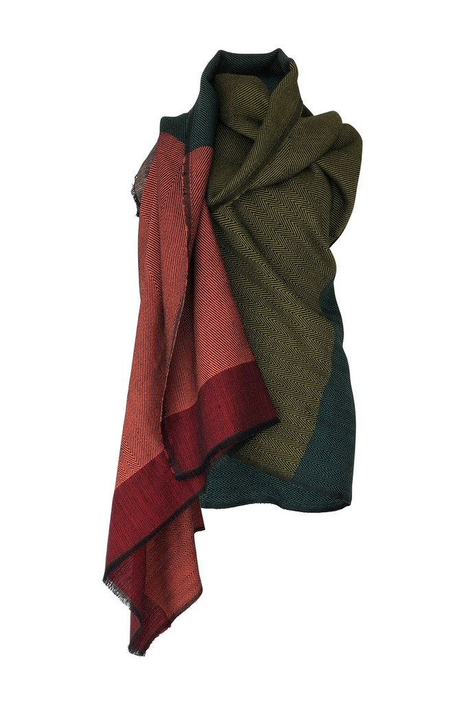 Petite wool cape in olive green and deep salmon