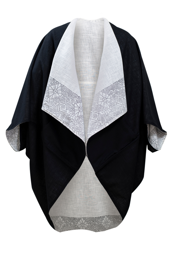 Plus Size Black and White Cotton Blockprint Kimono for Women JULAHAS Jiva Sky