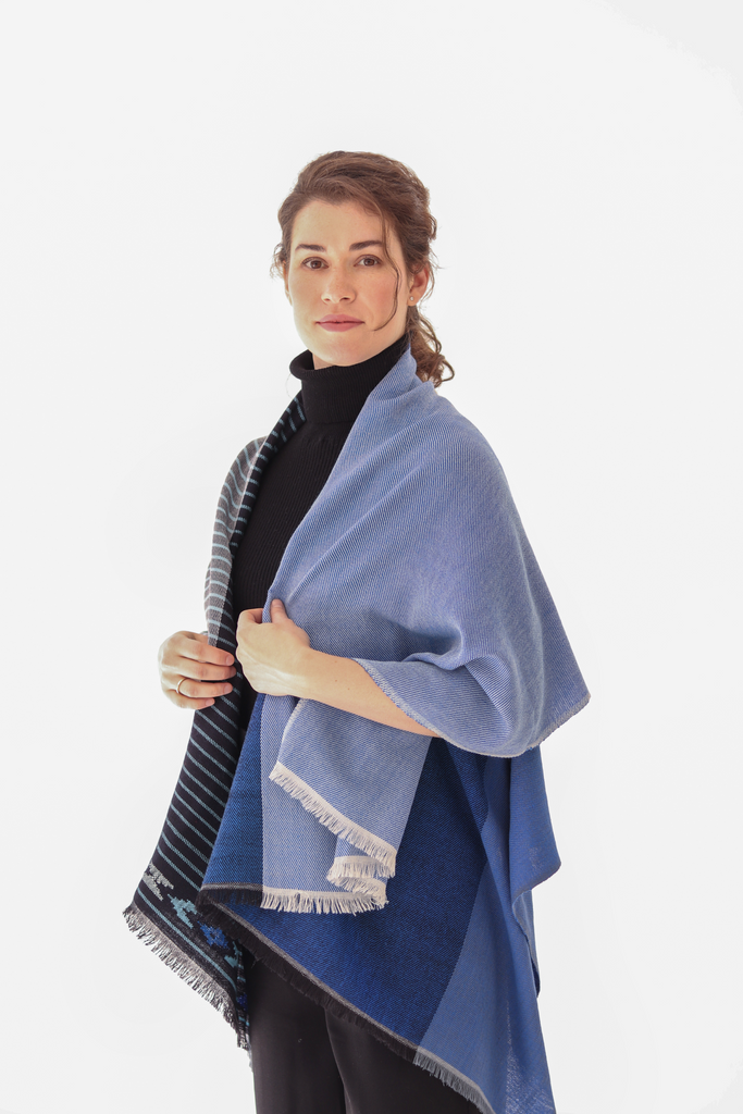 Blue embroidered multifunctional wool cape petite
