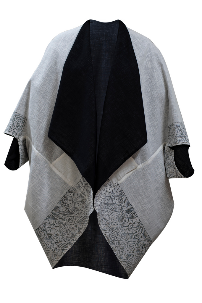 Plus Size Black and White Cotton Blockprint Kimono for Women JULAHAS Jiva Sky