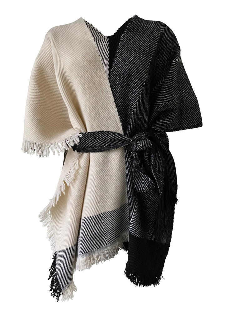 Stylish and warm Black and white pure wool NEW! BEYOND Ruana Cape - JULAHAS