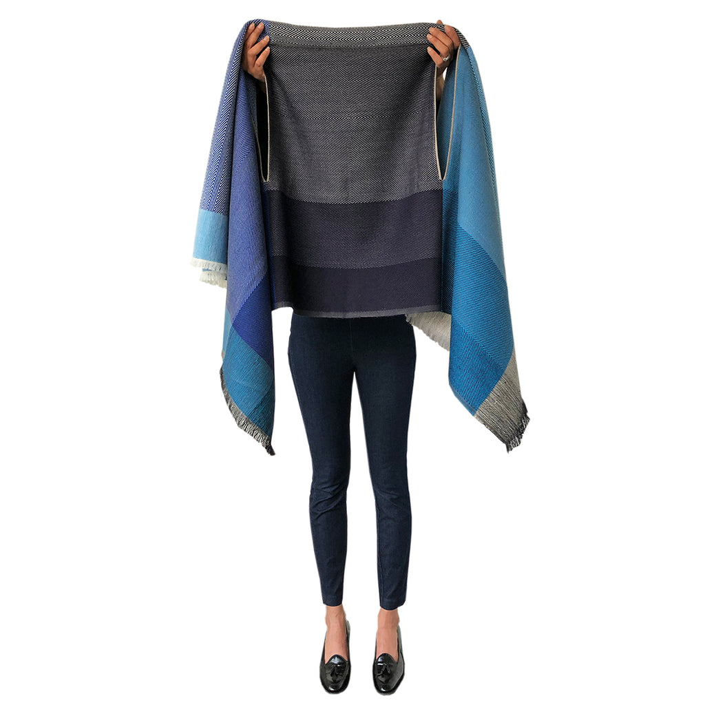 Sustainable wool capes by JULAHAS in cool blues - wear it short