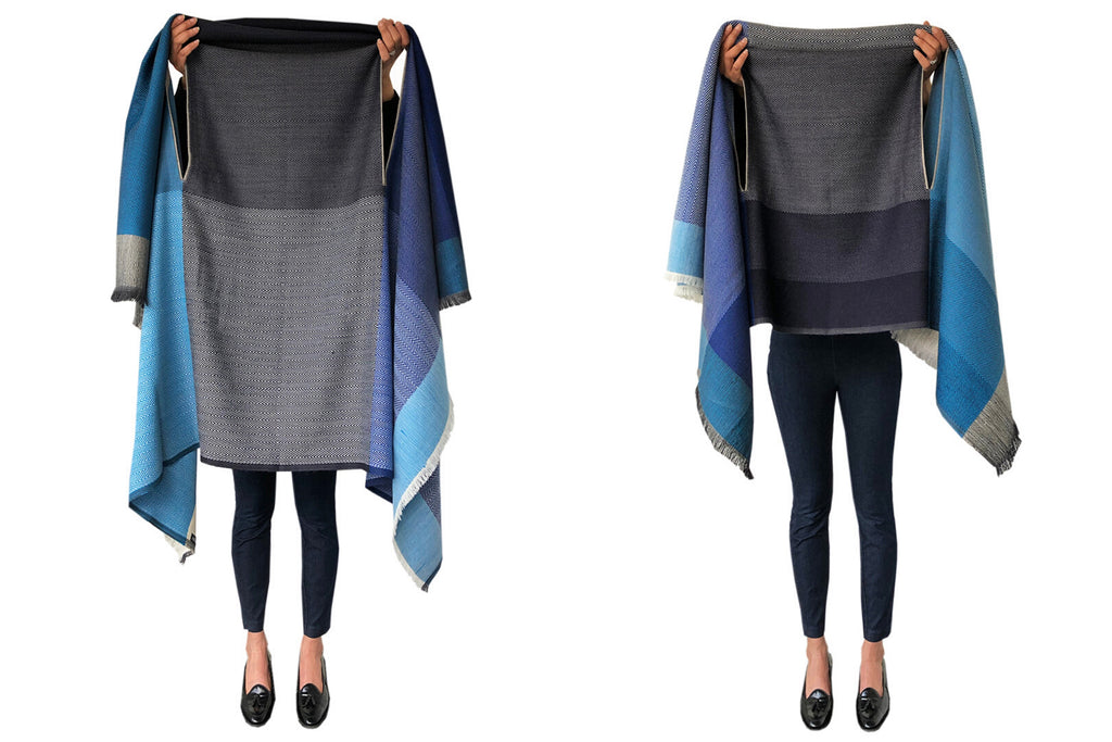 flip it long or short Sustainable wool capes by JULAHAS in cool blues
