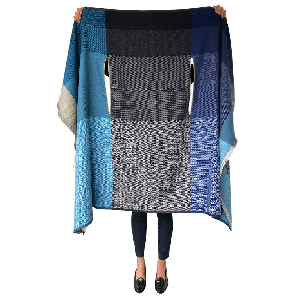 Shop sustainable wool capes for women by JULAHAS in cool blues long wrapped