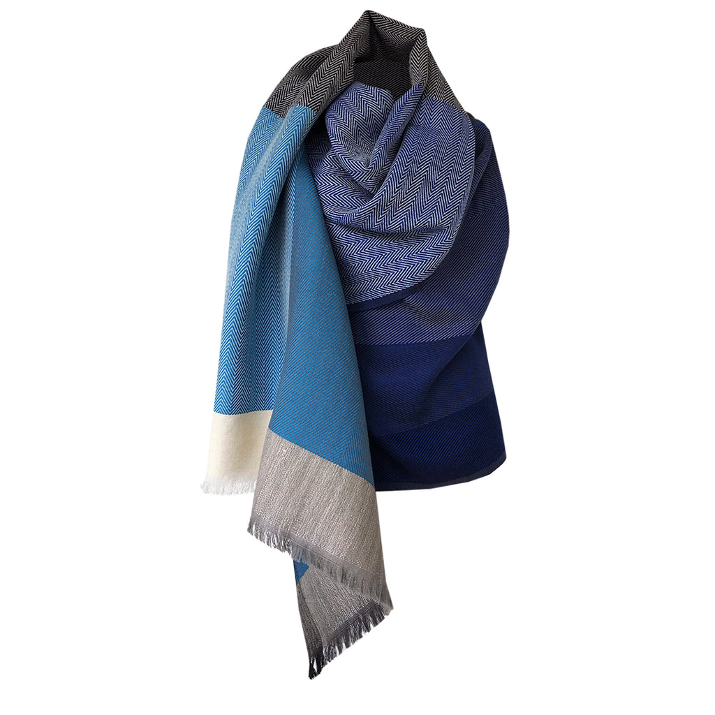 Sustainable wool capes by JULAHAS in cool blues front wrapped