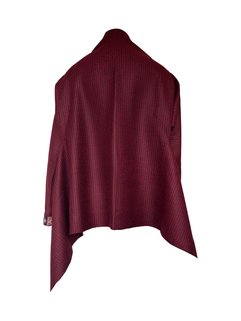 Maroon and black houndstooth Wool Cape Coat Cocoon with belt | JULAHAS 