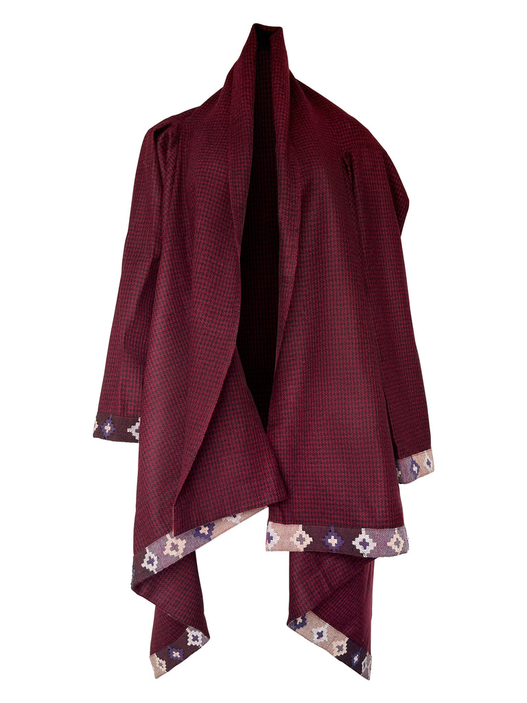 Maroon and black houndstooth Wool Cape Coat Cocoon with belt | JULAHAS 