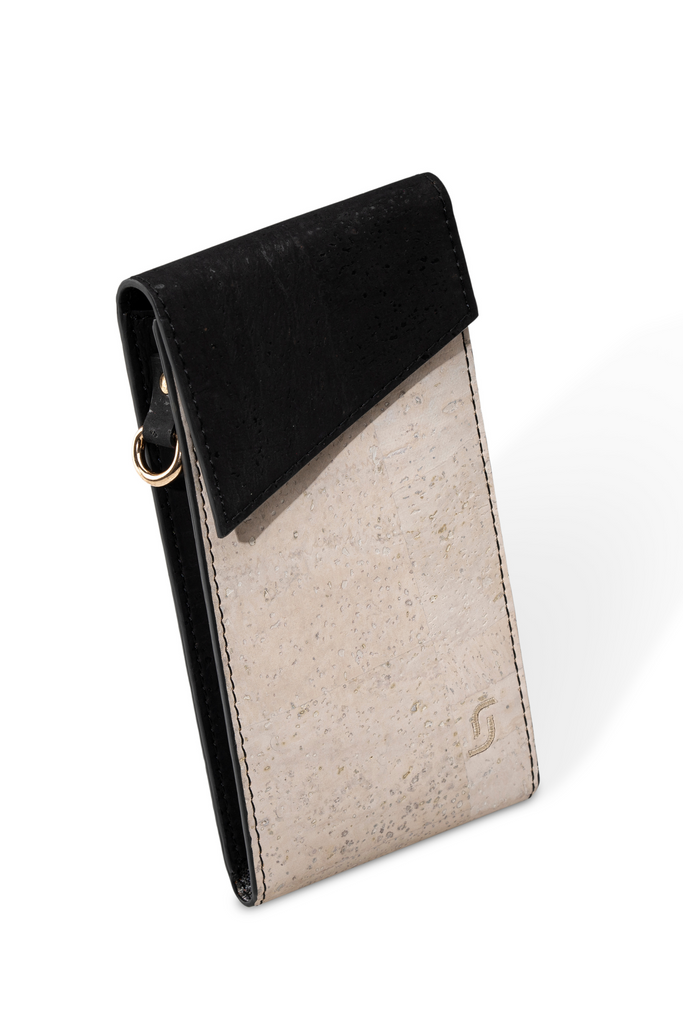 Black and white cork crossbody bag with reversible belt