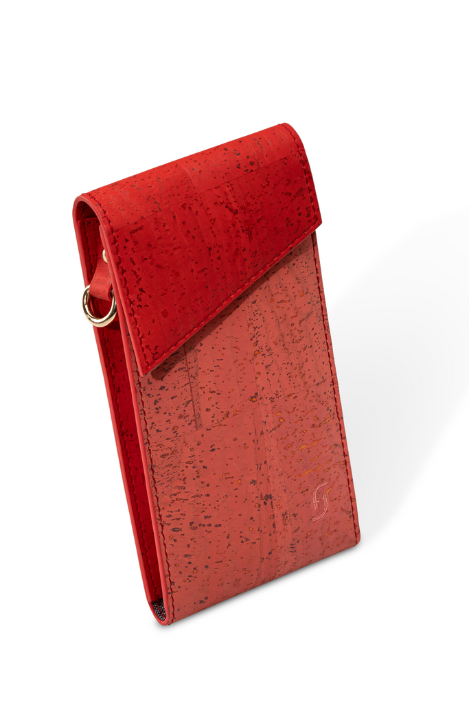 Red and coral cork crossbody bag with reversible belt
