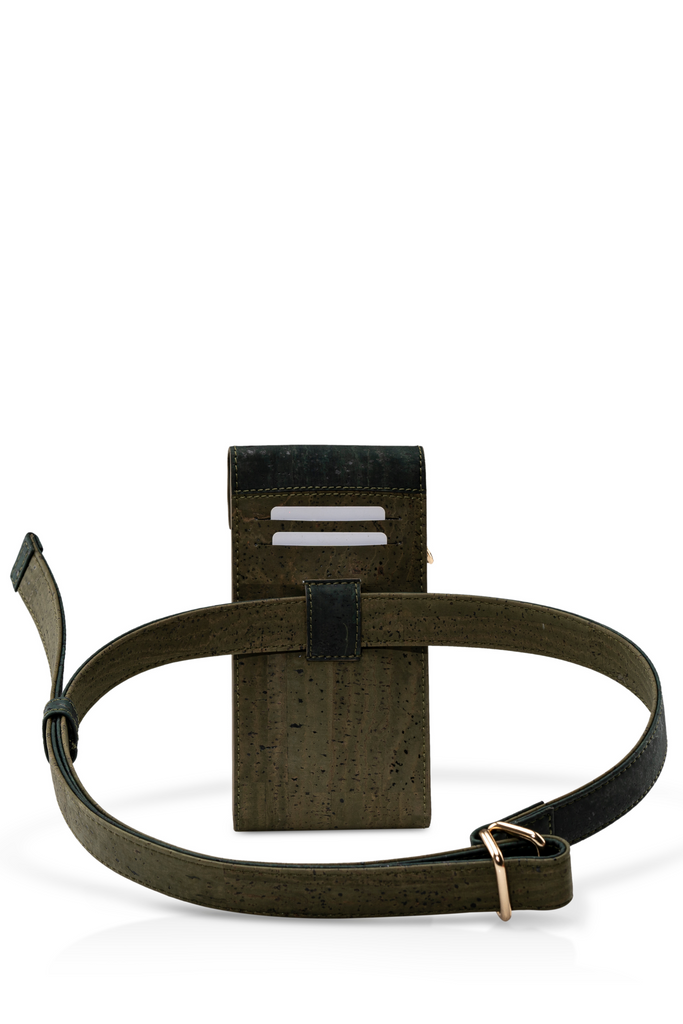 Forest green and olive cork crossbody bag with reversible beltForest green and olive cork crossbody bag with reversible belt