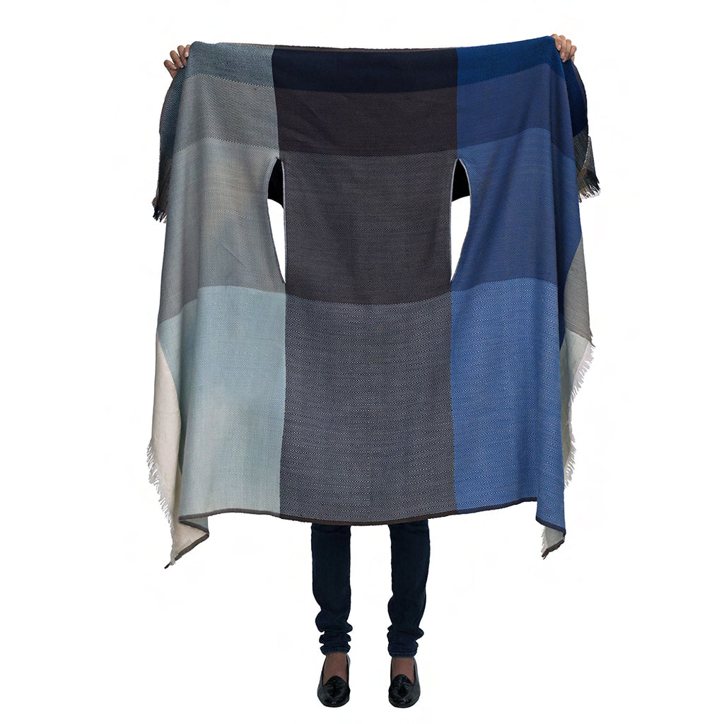 Blue wool poncho Cape for ladies in classic blue with colourblocks JULAHAS+ Plus Size Daria Danube