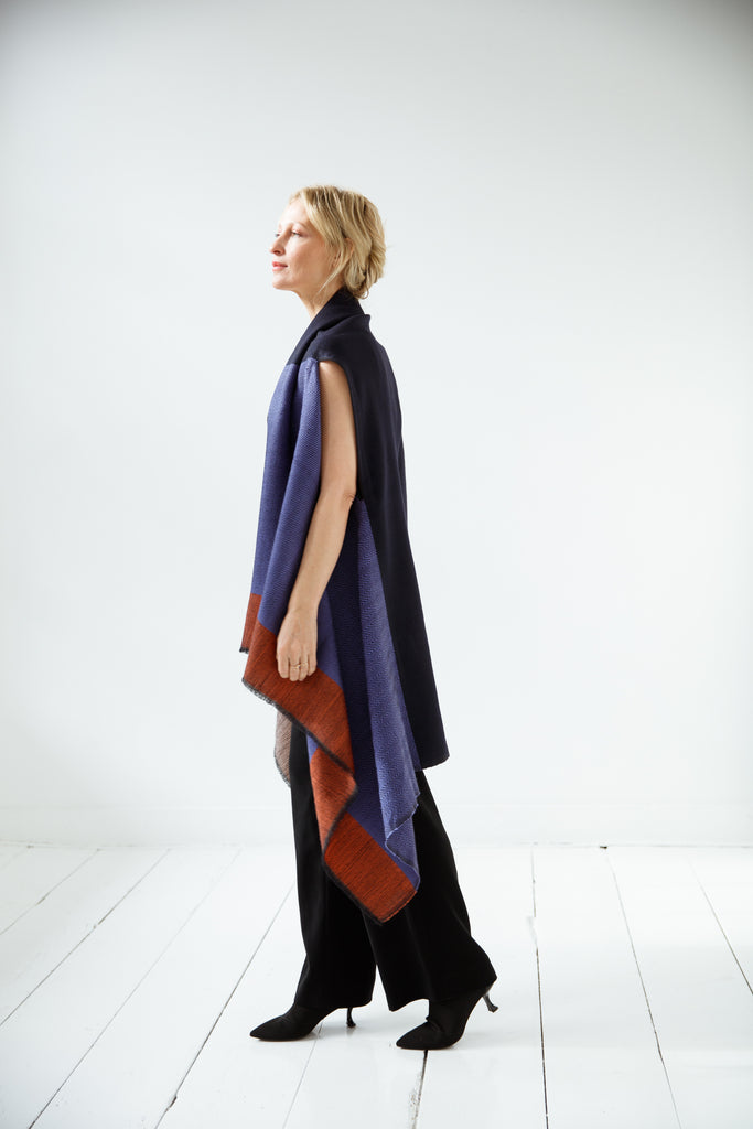 One size Wool cape in purple, salmon and blue