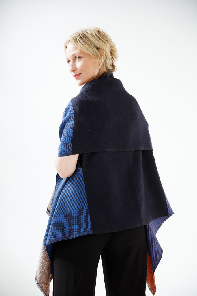 One size Wool cape in purple, salmon and blue