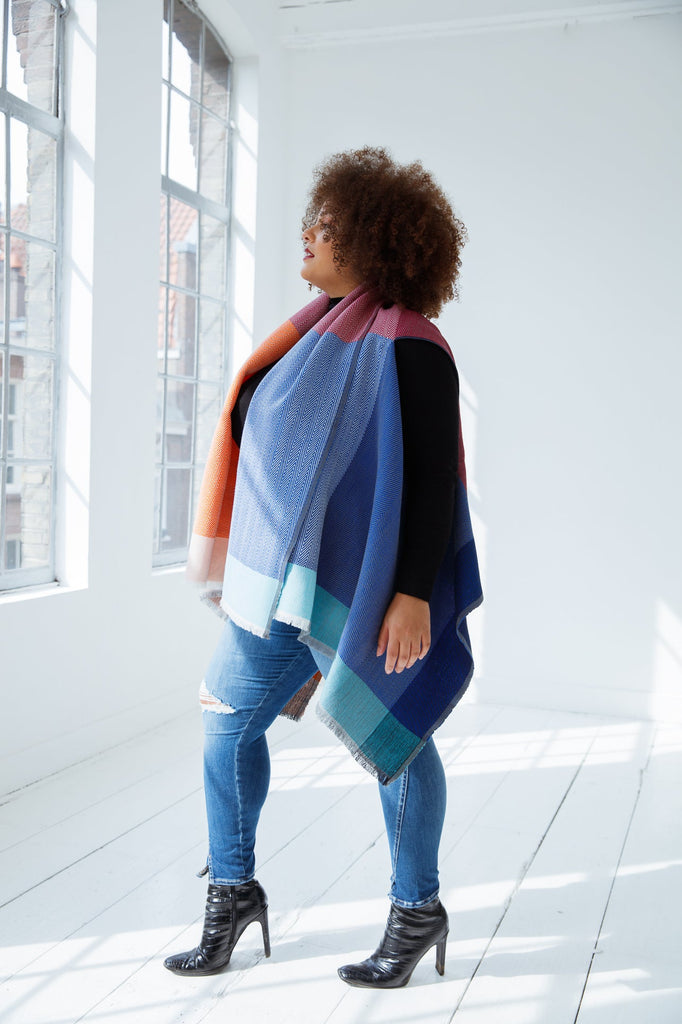 Orange, blue and pink Plus size wool poncho Cape Ganges by Julahas. Wear it in many ways