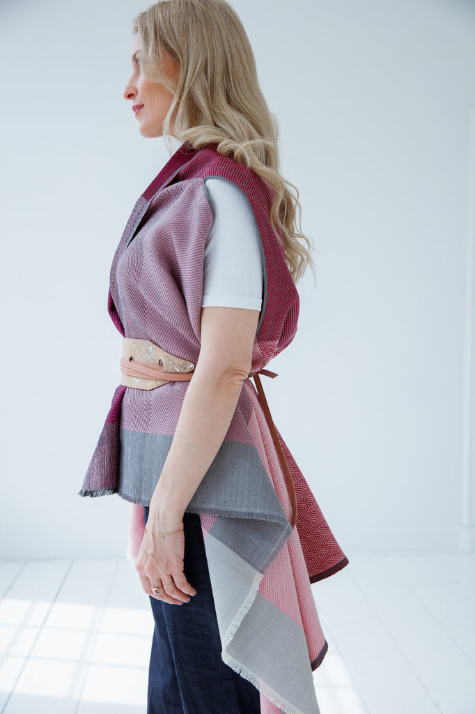 Model wearing classic pink julahas wool cape ishikari